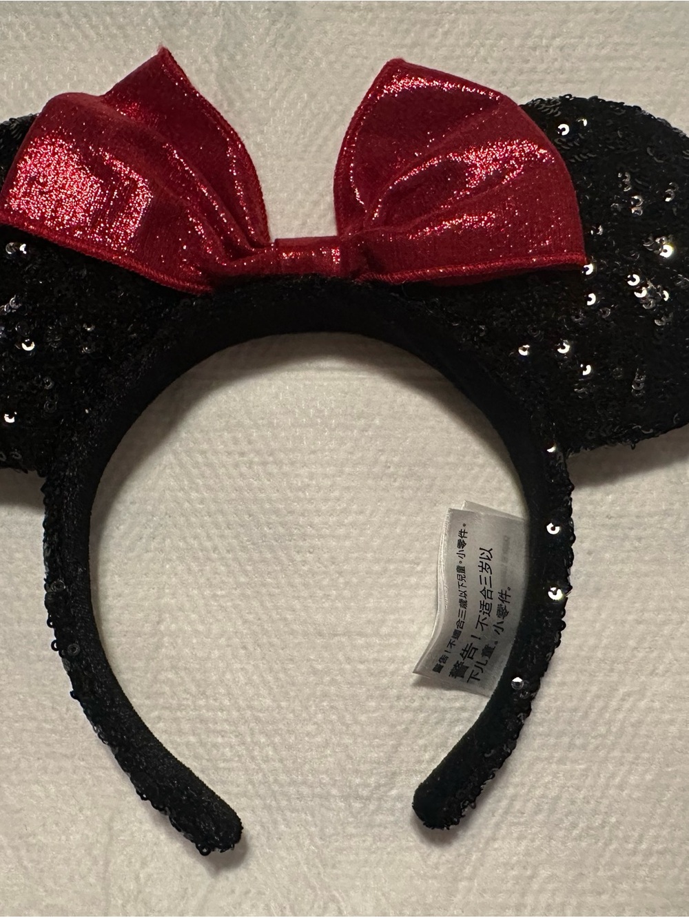 Disney Black Sequin Mouse Ear Headband with Shiny Red Bow